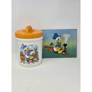 VINTAGE WALT DISNEY DONALD DUCK COOKIE JAR TRIVET WALL PLAQUE RAILROAD BUNDLE 2